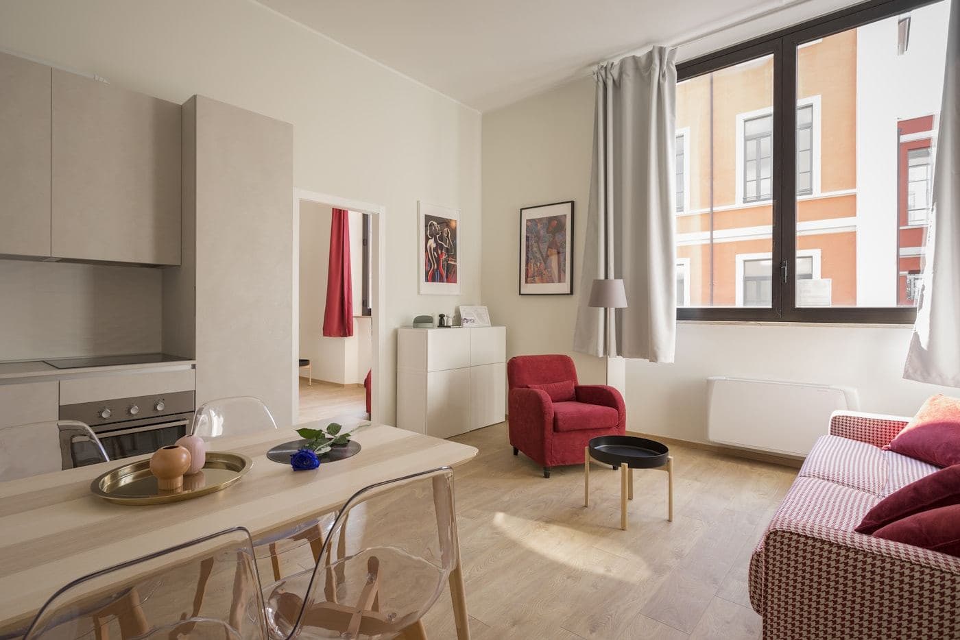 Living room with a corner window over the water
