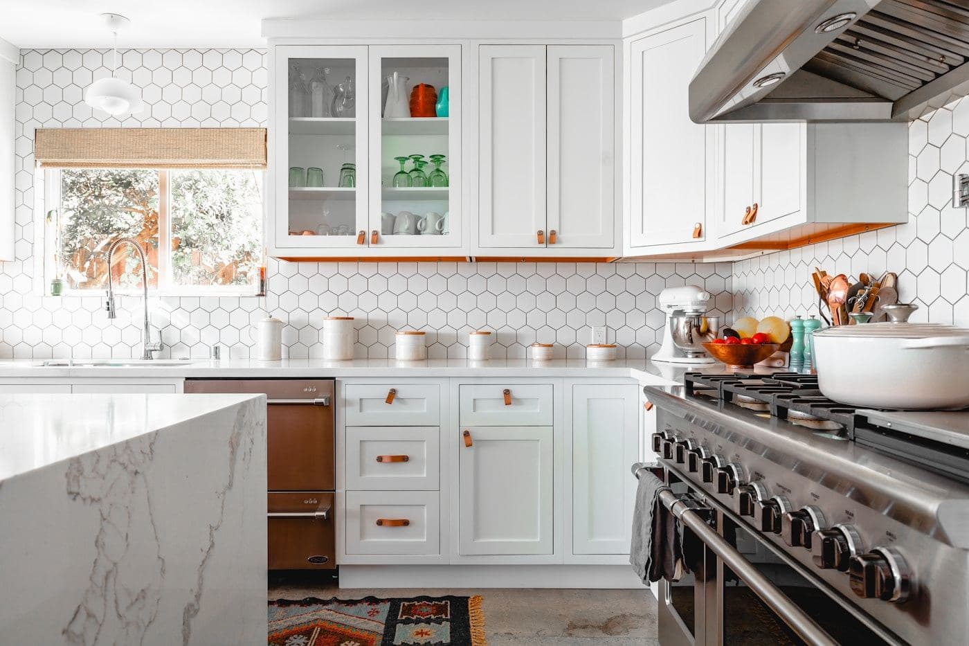 Stone kitchen island with pendant lighting