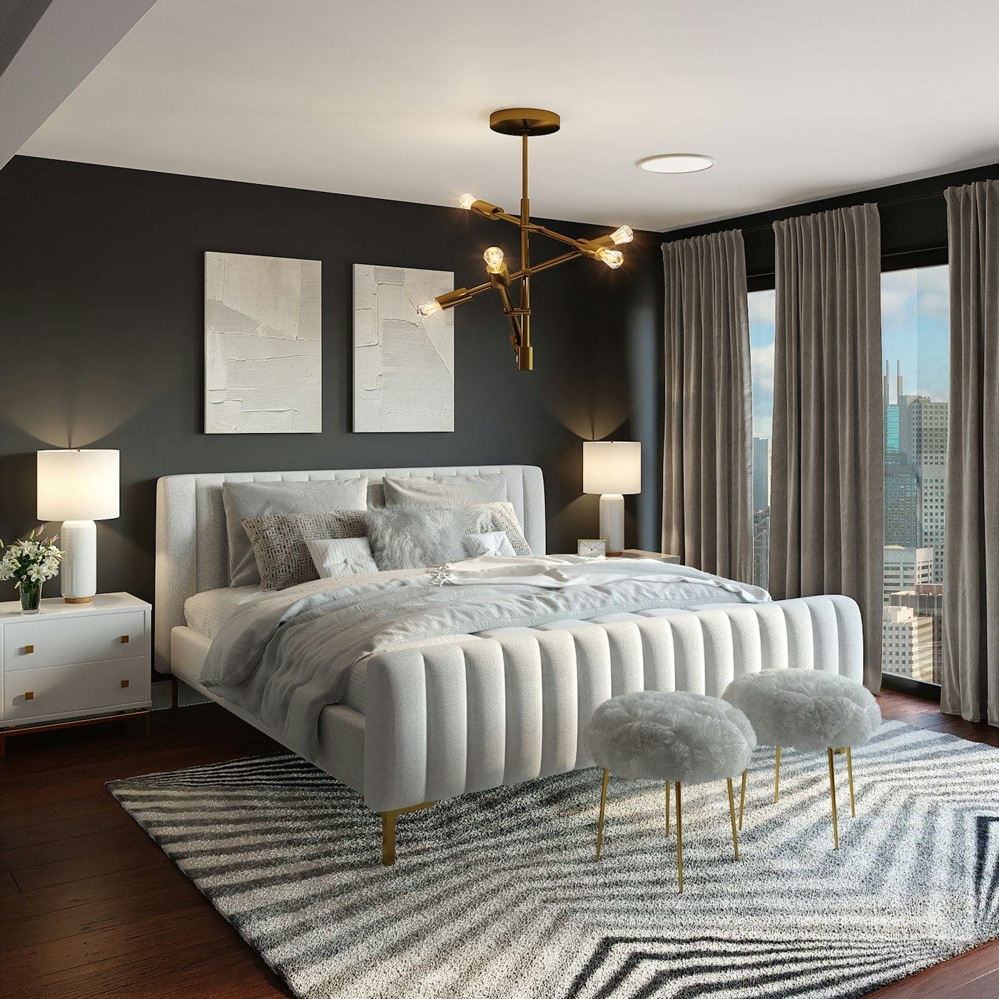 Primary bedroom with neutral bedding