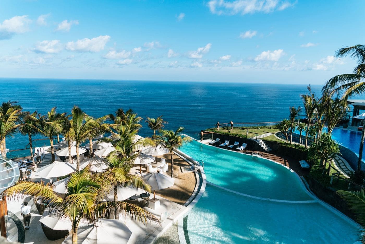 Infinity pool on a palm-lined terrace above the ocean