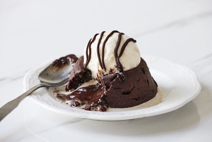 Chocolate lava cake served with vanilla ice cream