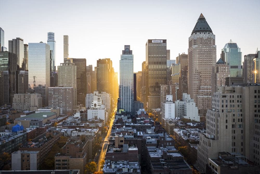 City skyline at dusk